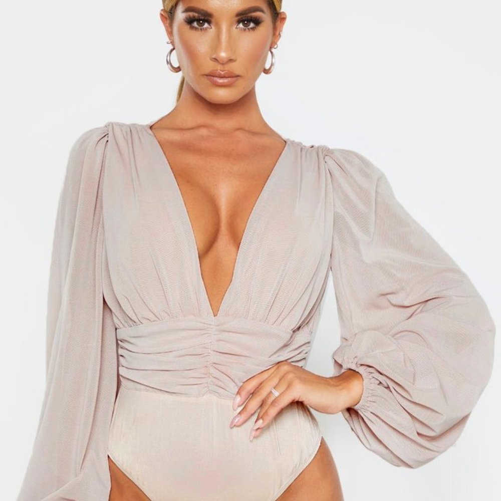 Nude Mesh Ruched Waistband Bodysuit